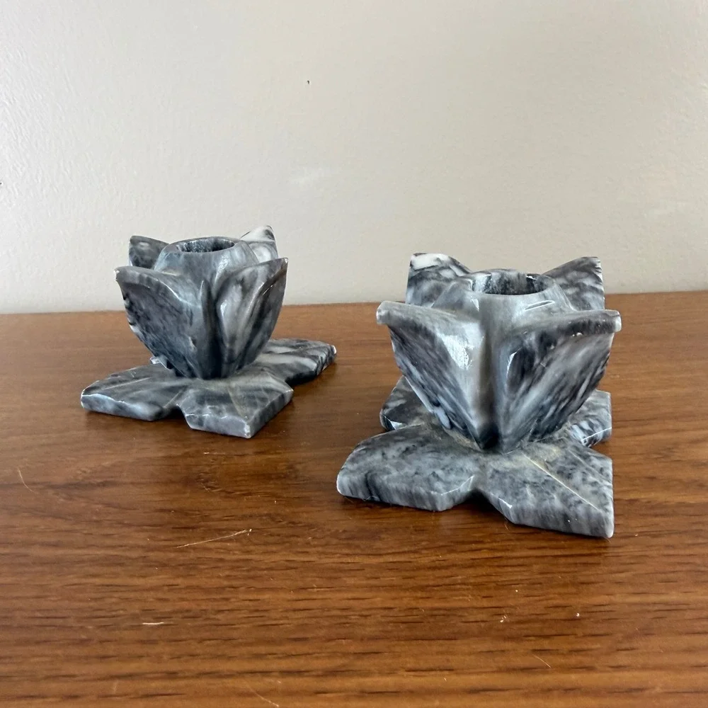 Pair Vintage Carved Marble Lotus Flower Candle Holders Gray Stone 3